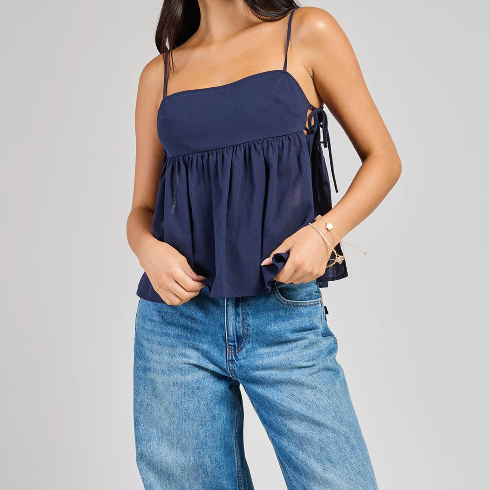 

Combhasaki Women Summer Adjustable Thin Shoulder Straps Camisoles Solid Color Side Tied Hollow Out Ruffle Hem Crop Vest Tops
