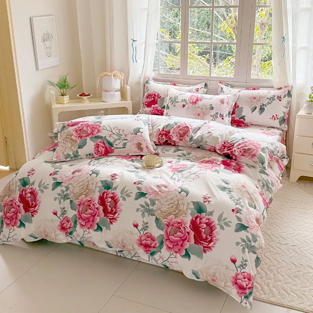 4pcs Peony Floral Bedding Set, Soft Breathable Bed Linen with Duvet Cover, Pillowcases & Sheet, Full/Queen/King Size