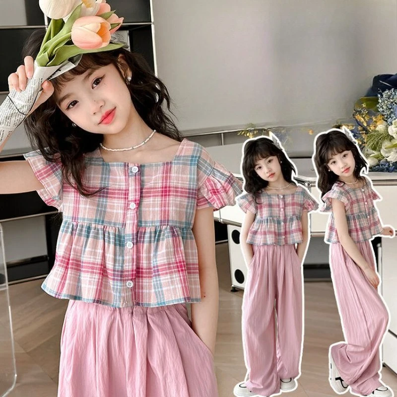 Fashion 3-10-year-old Girl and Teenager Pink Suit with Square Neck Checkered Top and Wide Leg Pants Two-piece Set for Summer
