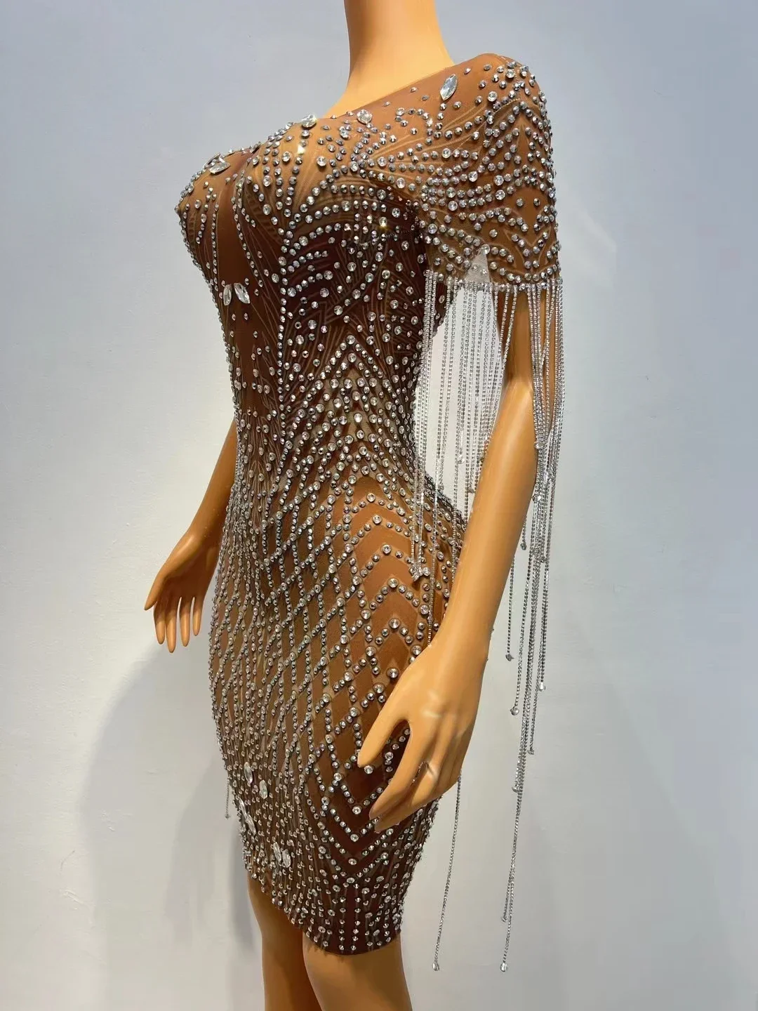 Sexy Silver Rhinestones Fringes Transparent Brown Mesh Stretch Dress Evening Birthday Celebrate Outfit Sexy Performance Costumes