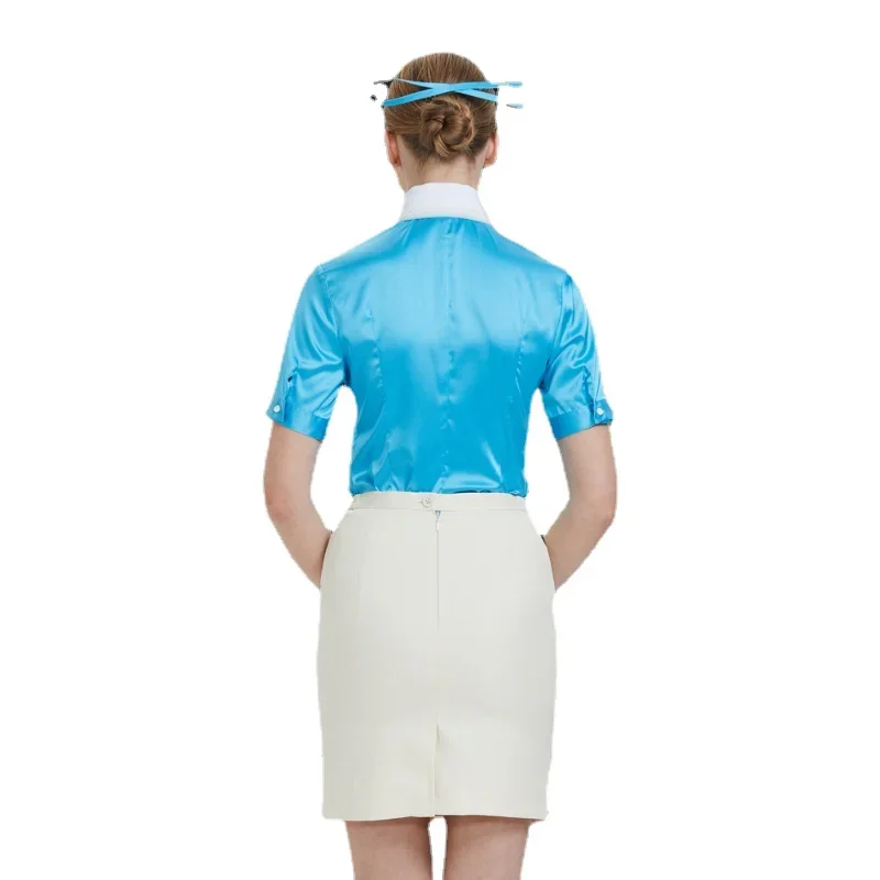 Südkorea nische Frauen Flug gesellschaft Luftfahrt Stewardess Uniform Rock Kurzarmhemd glänzend blau Flug begleiter Arbeits kleidung