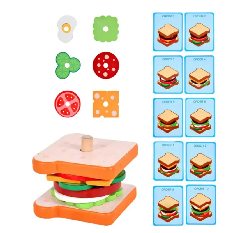 Juguetes de madera Montessori para patatas fritas, juego a juego de sándwich de Hamburgo, Mini comida, juguetes de clasificación de colores con formas sensoriales para niños