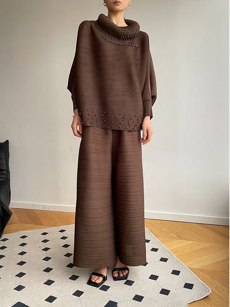 ALSEY Miyake Pleated Scarf Collar Beaded Tops Women Two Piece Sets Spring Autumn New Solid Color Fashion T-shirt Wide Leg Pants