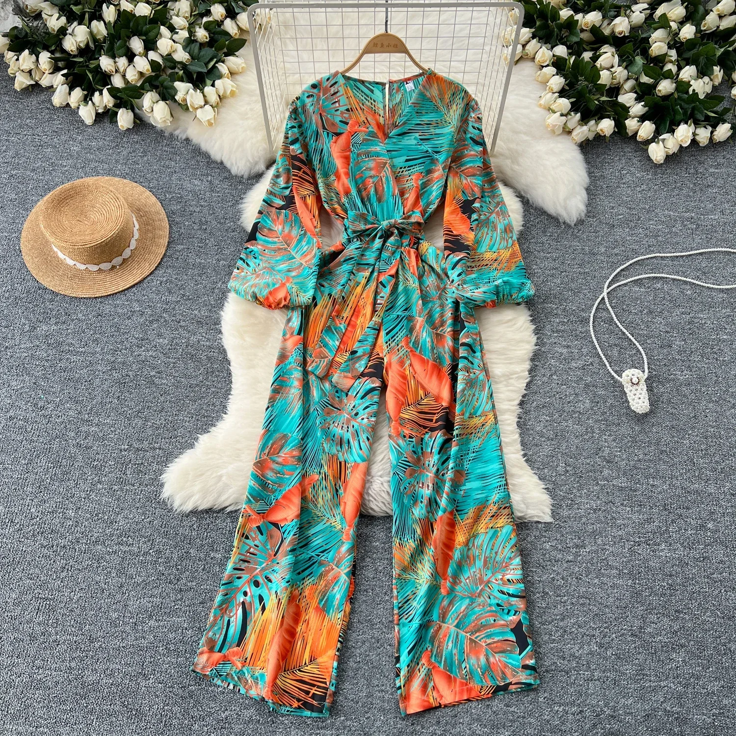 Jumpsuits Women Summer Printed Long Romper 2024 Sexy V-Neck Flare Sleeve Casual High Elastic Waist Playsuits