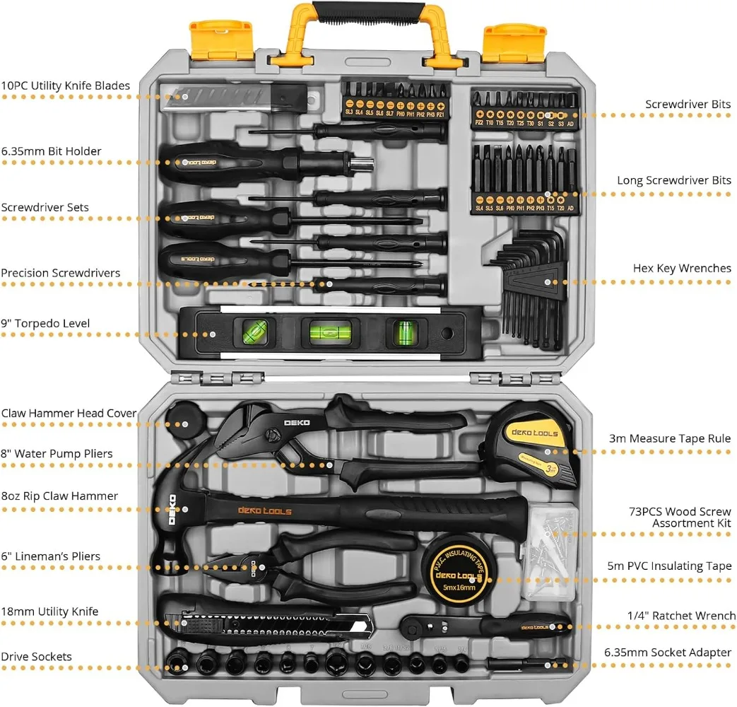 DEKOPRO 150 Piece Tool Set, General Household Hand Tool Kit,Home Repair Tool Kit W/ Plastic Toolbox Storage Case for DIY Project