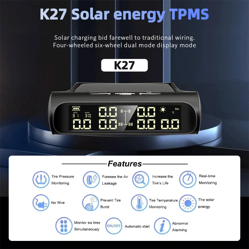 Solar TPMS 6 External Sensors Tire Pressure And Temperature Display Security Alarm Support Cars, RVs, Pickups Maximum 8Bar