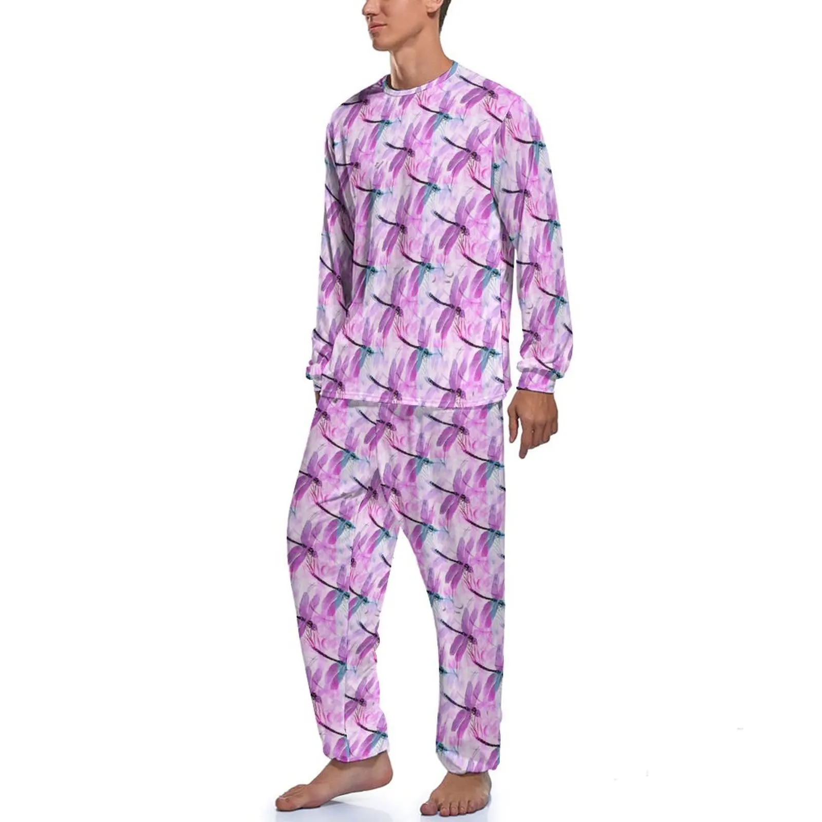 Pink Dragonfly Pajamas Men Cute Animal Print Lovely Sleepwear Daily Long Sleeves 2 Pieces Night Graphic Pajama Sets