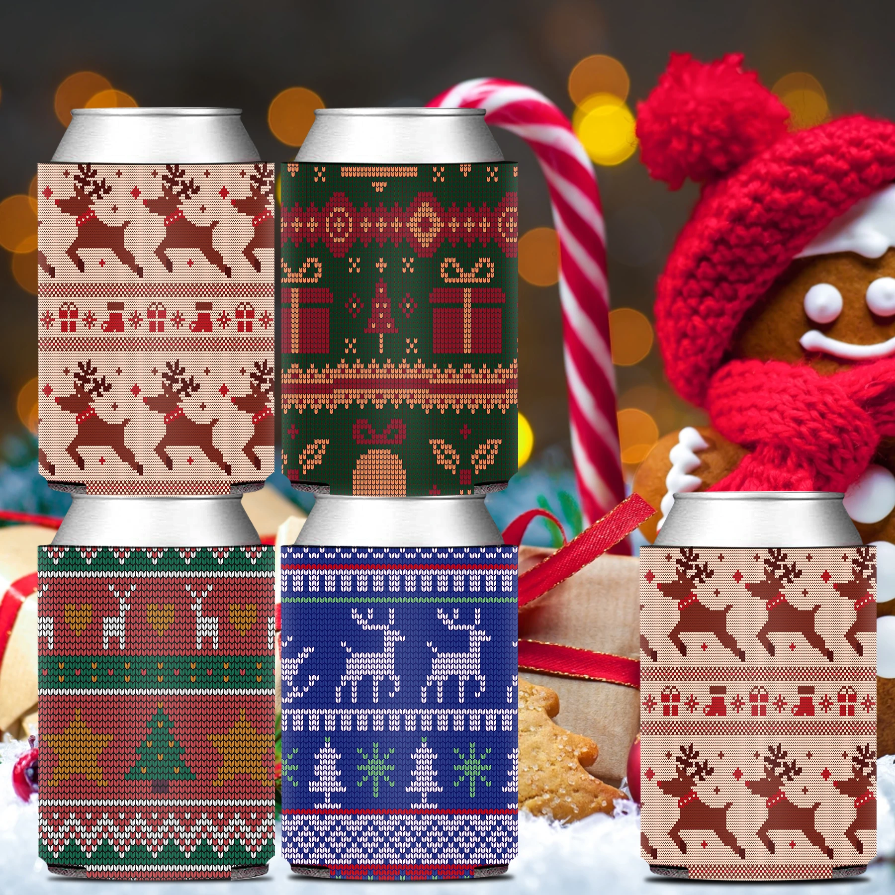 12Pcs/Set Can Cooler Sleeve, Vintage Reindeer Christmas Tree & Gifts Knitted Sweater Design,Bridal Shower Party Favor Decoration