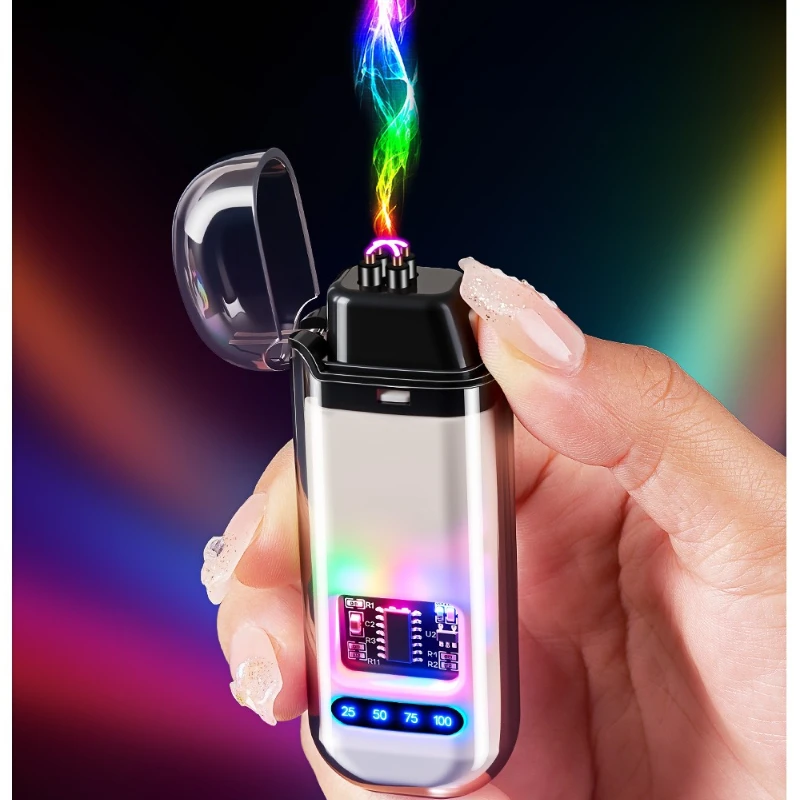 New 673 Transparent Shell Charging Dual Arc Lighter Dual Arc Electronic Pulse Digital Display Lighter Cigarette Lighter