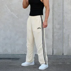 2024 Men's sweatpants gym double young stitching printed casual pants gym fitness waist straight pants.