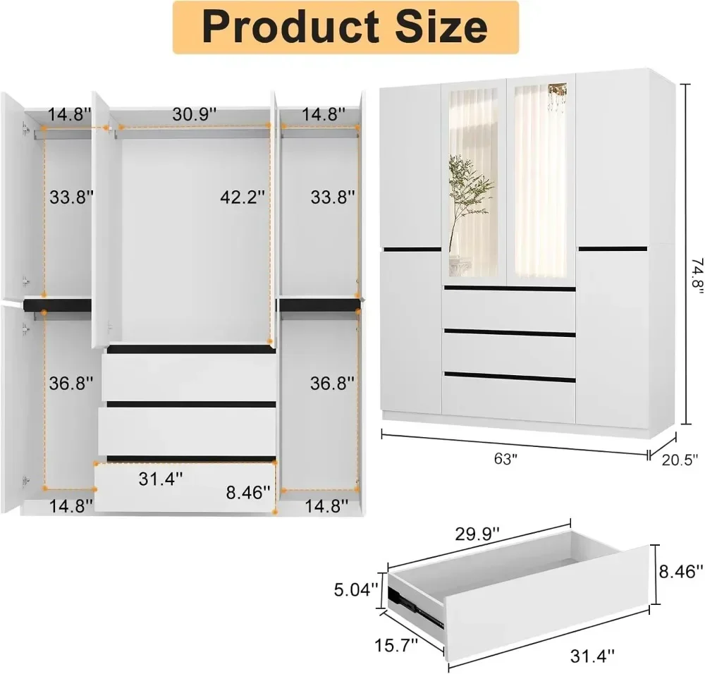 6 Doors Armoire Wardrobe Closet, Wardrobe Closet with 3 Drawers, Freestanding Wood Wardrobes with 5 Hanging Rod and 2 Mirrors