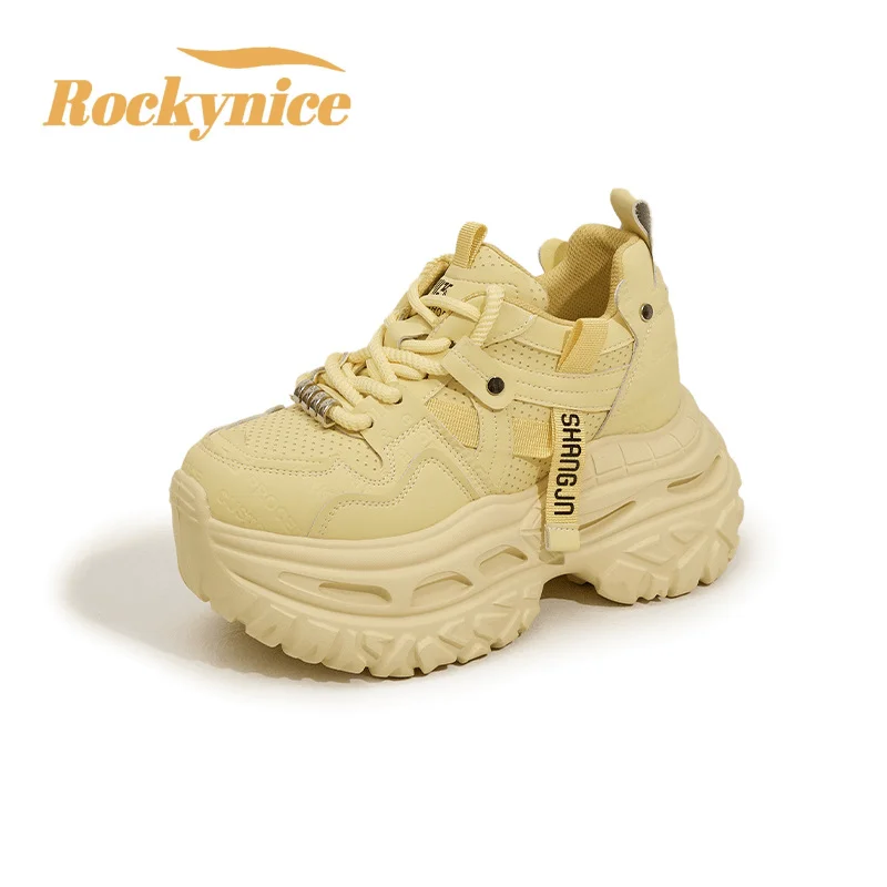 New Spring Women Synthetic Leather Chunky Sneakers Fashion Breathable Sports Casual Shoes 9CM High Platform Vulcanized Dad Shoes