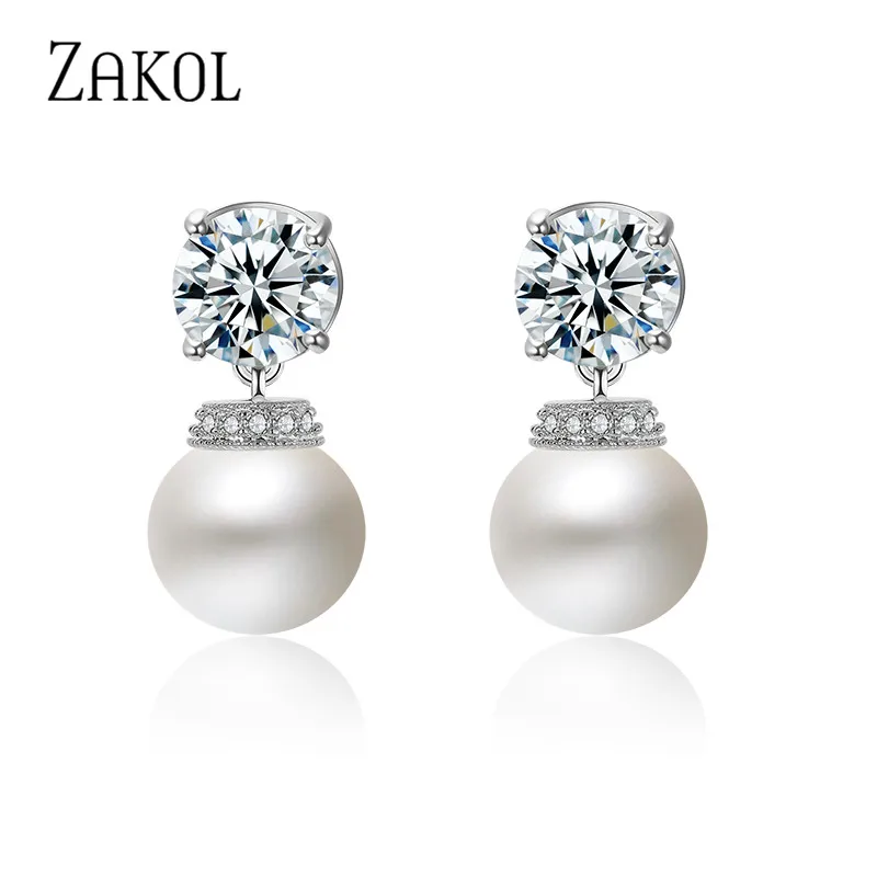 ZAKOL Cute Round Imitation Pearls Stud Earrings for Women Classic Round Zirconia Bridal Earring Wedding Party Jewelry