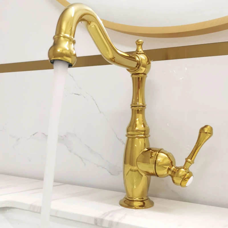 

All-copper retro titanium-plated gold undercounter basin faucet outlet pipe can be rotated left and right