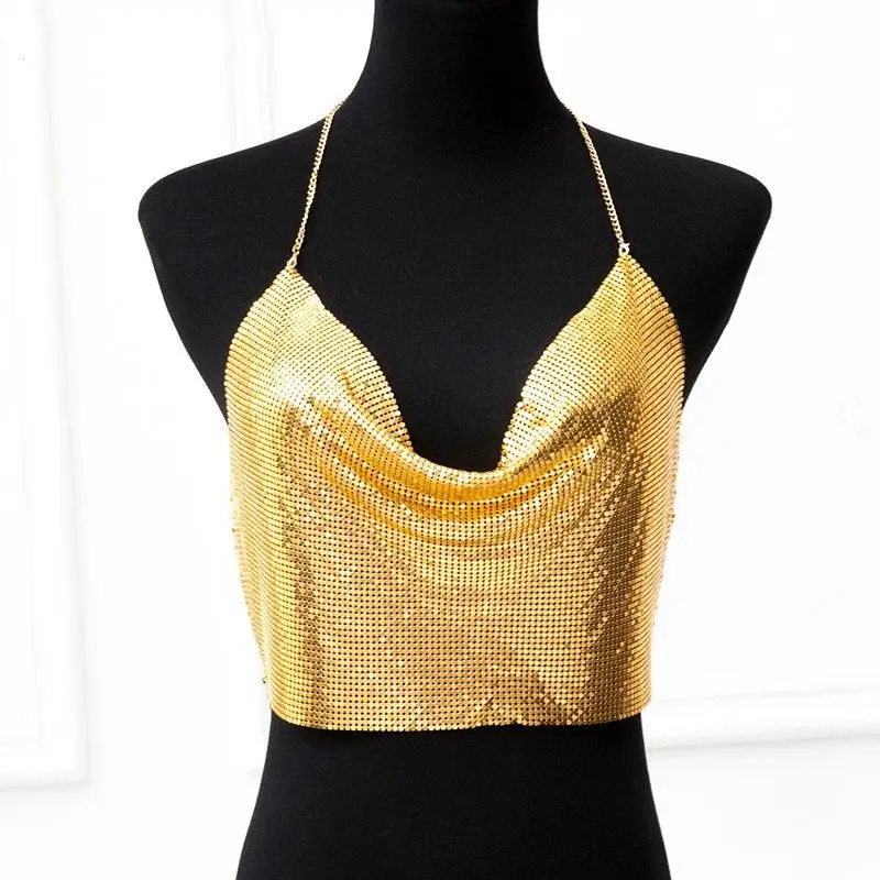 Damen Metall Pailletten Crop Top Sexy Par Outfit Club Musik Festival Neuankömmling ort Länge Innenbekleidung Lederstoff