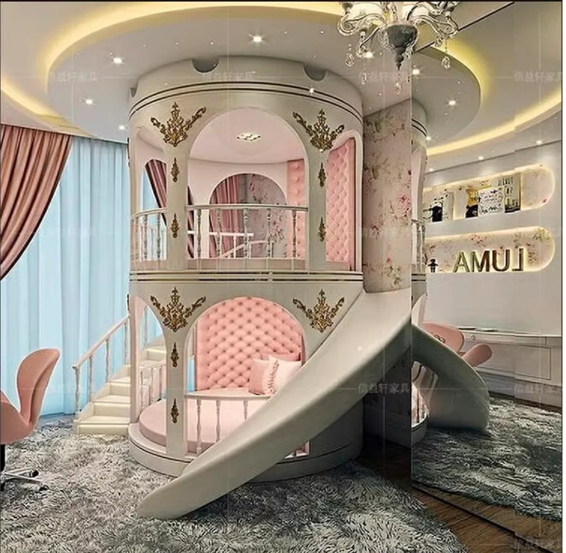 European style All Solid wood girls Girls Dream Castle up and down double deck Princess bed with slide beds for children