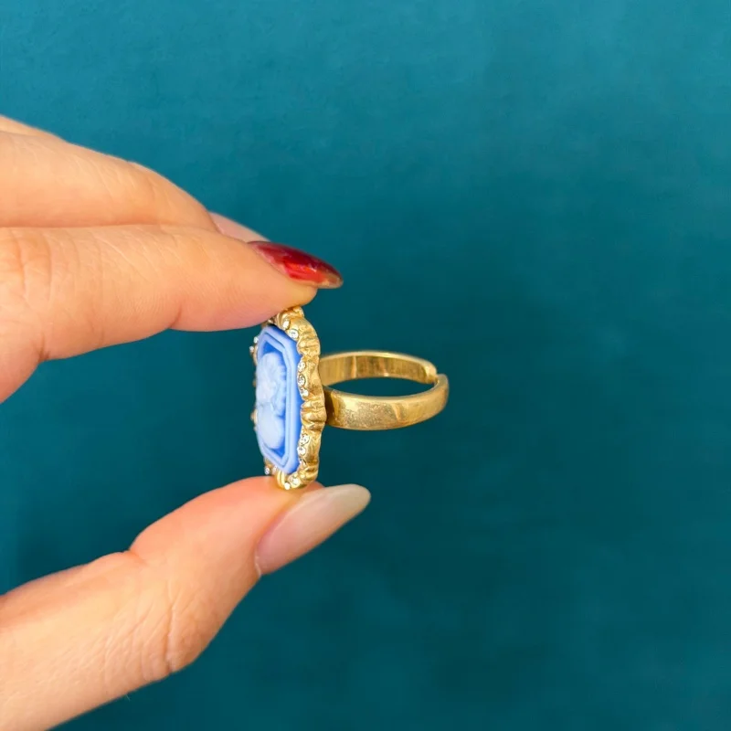 Vintage Blue Cameo Relief Beautiful Jewelry Sets Earrings Ring High Quality Luxury Elegant Classic Wedding Party Gift For Women