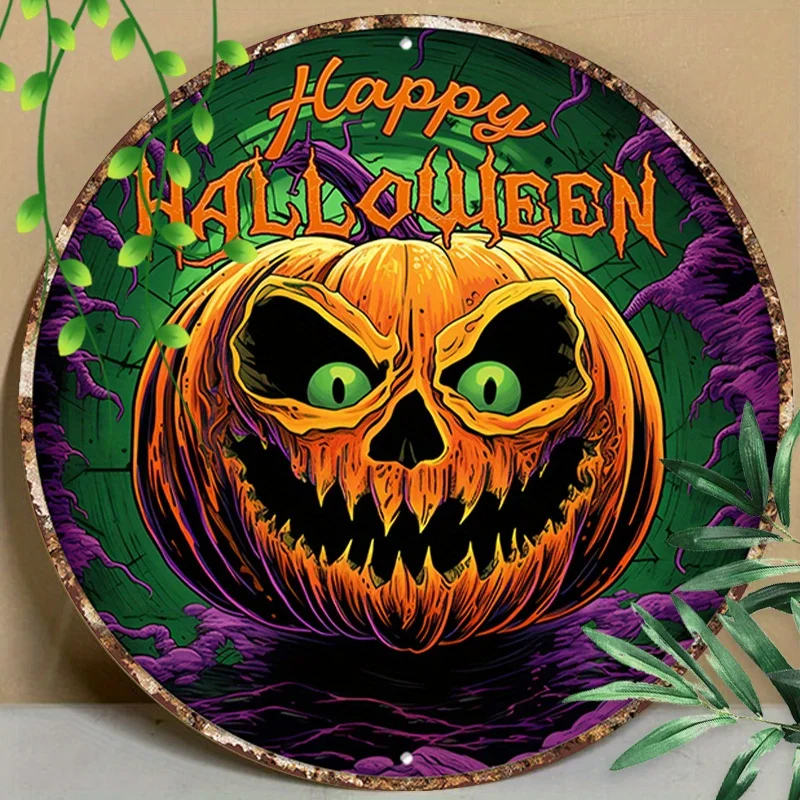 8x8inch Retro Pumpkin & Ghost Aluminum Sign - Vibrant Halloween Decoration - Durable & Attractive Tin Art for Indoor/Outdoor Use