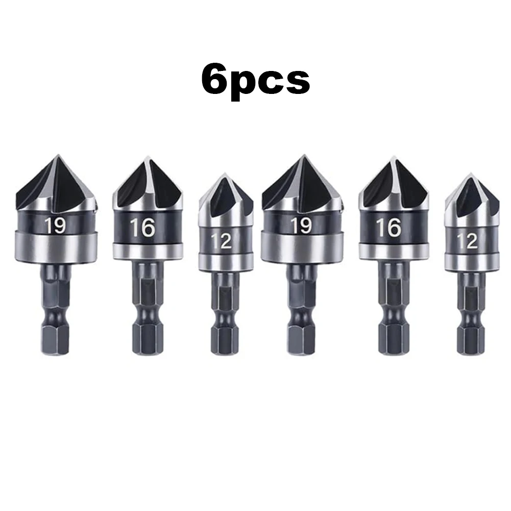 

6Pcs Hexagonal Shank Countersink Drill Bit Set Five-blade Chamfering Machine For Woodworking Tools Replacement Drill Bit Kit