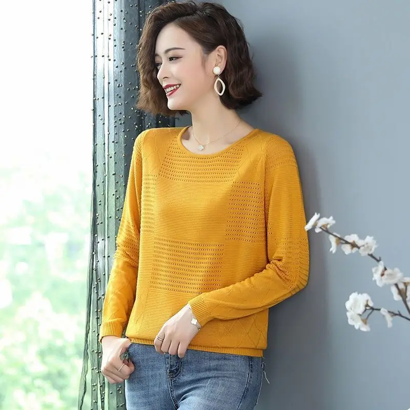 Autumn Winter Round Neck Elegant Vintage Knitted Sweater for Women 2023 New Solid Color All-match Long Sleeve Hollow Out Blouse