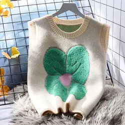 Lady Sweaters Beige Cropped Waistcoat Short Loose Knit Vests for Women Flowers Pullover Y2k Elegant Clothing Classic Warm