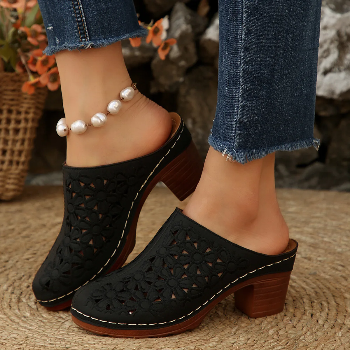Women Floral Cutout Mules Clogs Vintage Hollow Embroidery Block Heel Slip On Backless Sandals Casual Closed Toe Shoes - view 6