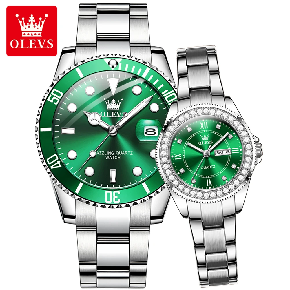 OLEVS-Montre à Quartz de Luxe en Acier Inoxydable pour Homme et Femme, Montre-Bracelet Amoureux, Série Green Water mesurost, Top Original, Couple