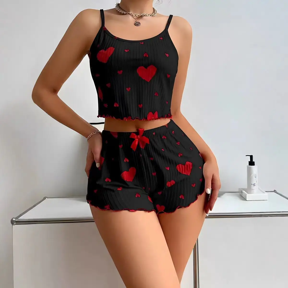 

S M L XL Sexy Heart Print Pajama Set for Women Sleepwear Silk Stain Sleeveless Casual Cami Top and Shorts Sets Loungewear
