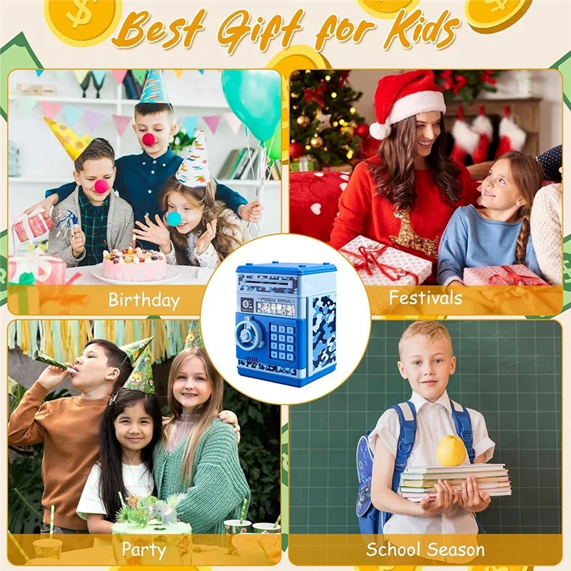 HFES ATM 貯金箱 男の子 女の子用 ATM コインバンク 貯金箱 パスワード付き 大人用 自動グラブ紙幣スロット付き ブルー Durab