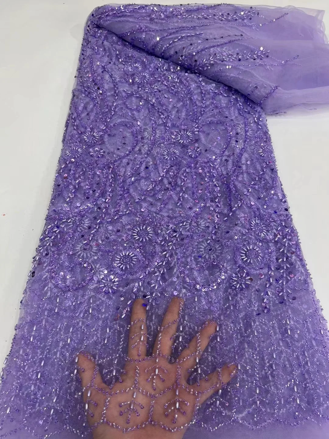 

Luxury Beaded Lace Fabric Pearls Sequins African Purpe Color 2024 High Quality Groom Nigerian Bridal Embroidery French Tulle Net