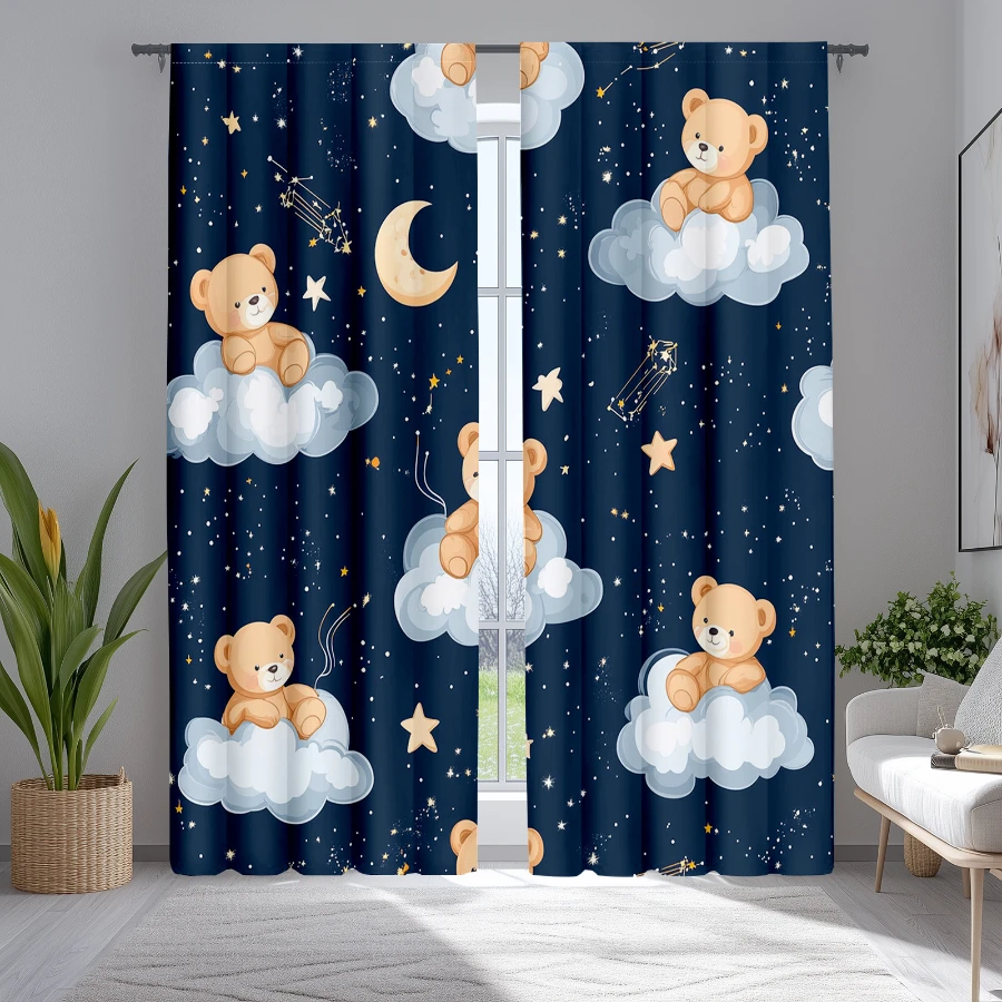 2PCS Digital Print  Curtain, Nebula Little Bear, Bohemian Style  Curtain Panel for Home Living Room Bedroom Decor