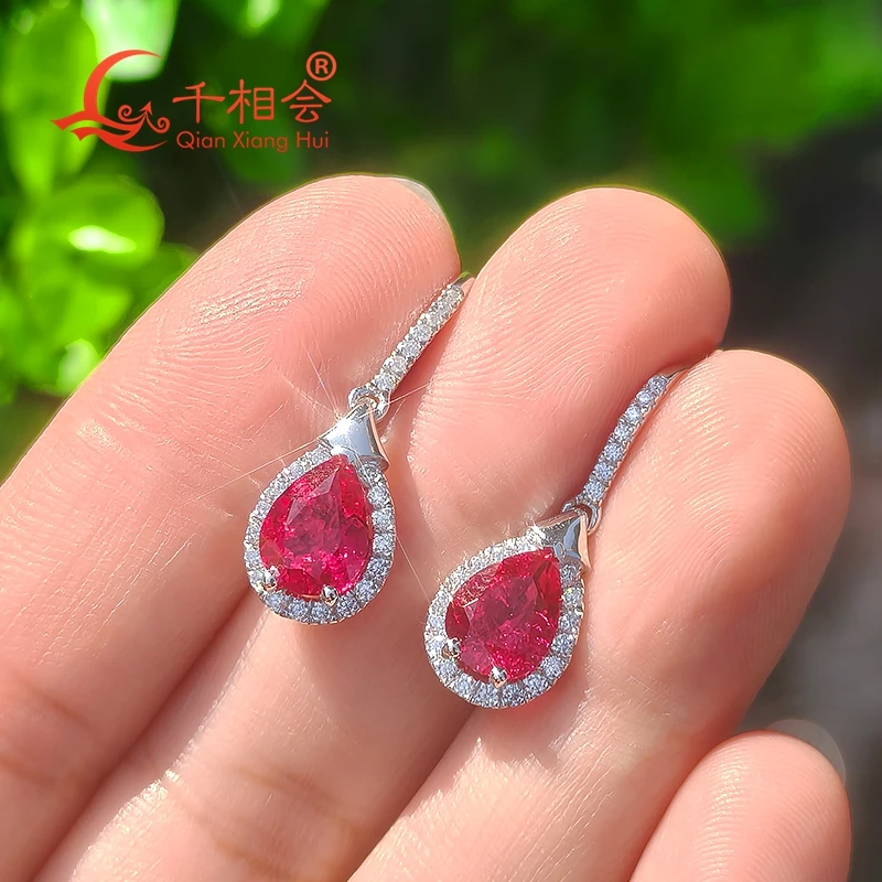 

lab Pigeon Blood Red Ruby Drop Earrings 6x8mm with White Moissanite S925 Silver ring Jewelry for Women Engagement Party Gifts