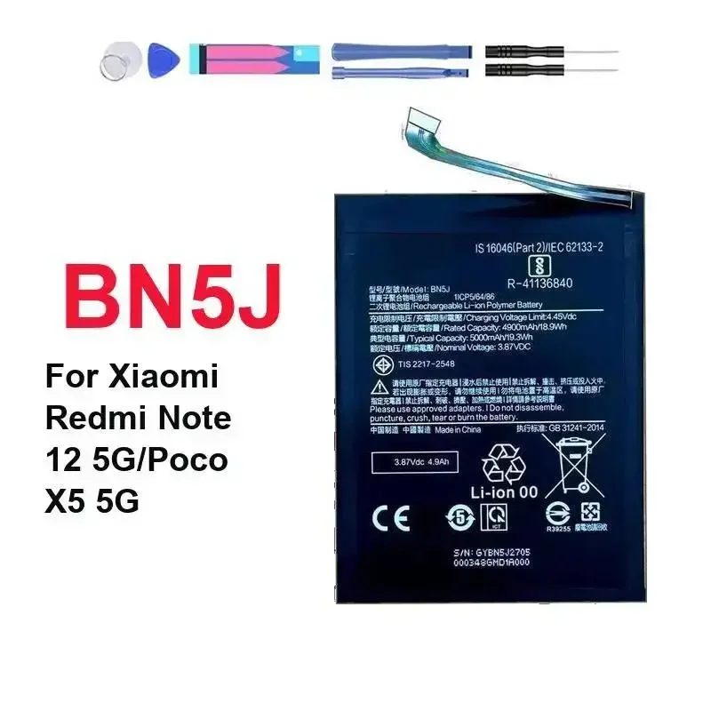 Long Lasting For Xiaomi Redmi Note 12 5G Poco X5 5G 5000mAh Mobile Phone Battery BN5J Hardwearing