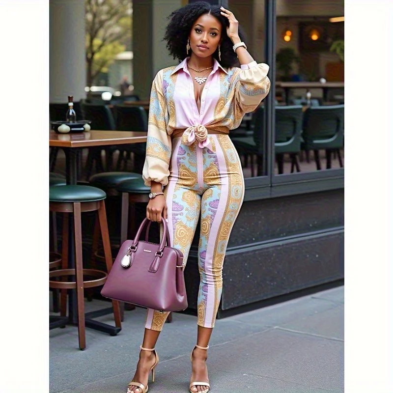 

Элегантная рубашка с длинными рукавами и воротником с принтом, повседневные длинные брюки, комплект из двух предметов