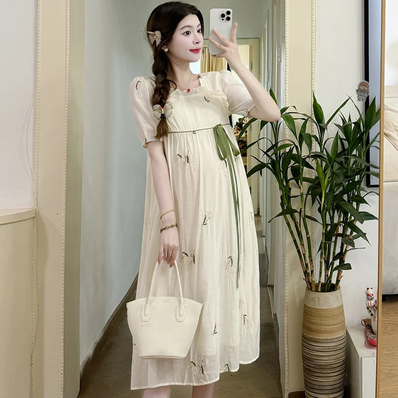 2024 Summer Maternity Dress Chinese Style Puff Sleeve Ruffles Collar Long Loose Casual Pregnant Woman Holiday Dress Women Hanfu