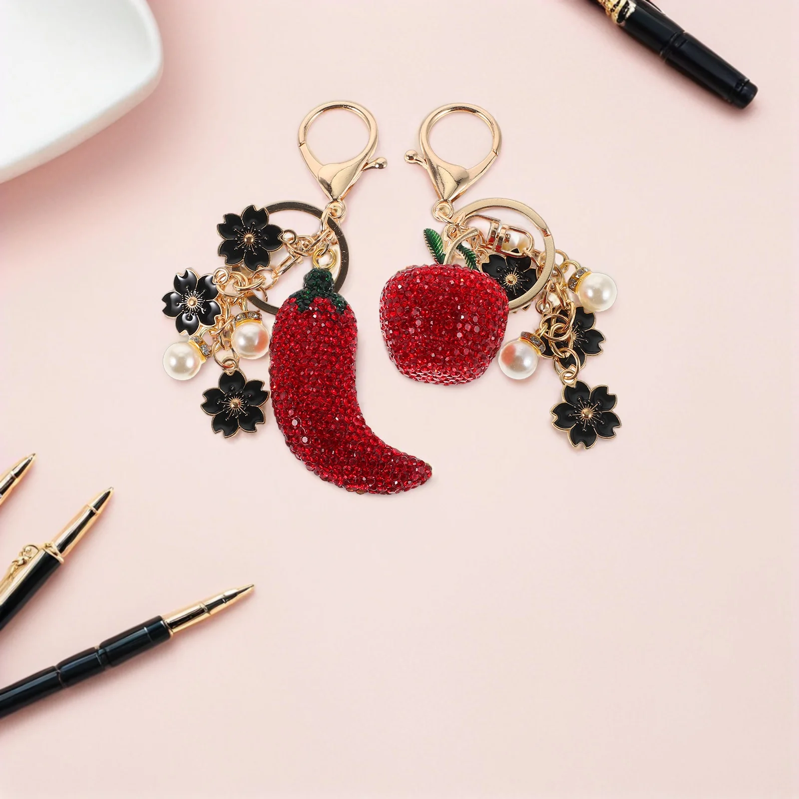 

2pcs Fruit Keychain Alloy Clay Mini Chili Pepper Apple Bag Charm Key Ring Decoration For Backpack Purse Keys Imitation Food