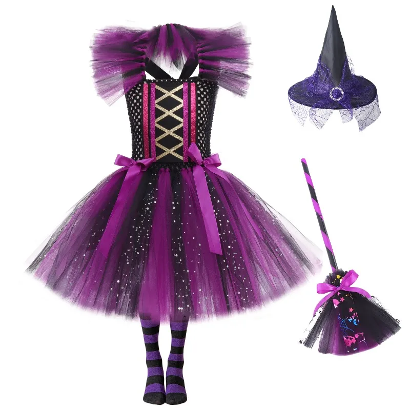 

Halloween Cosplay Costume Witch Sleeveless Dress Accessories Suits Holiday Performance Party Role Playing Outfits for Girls