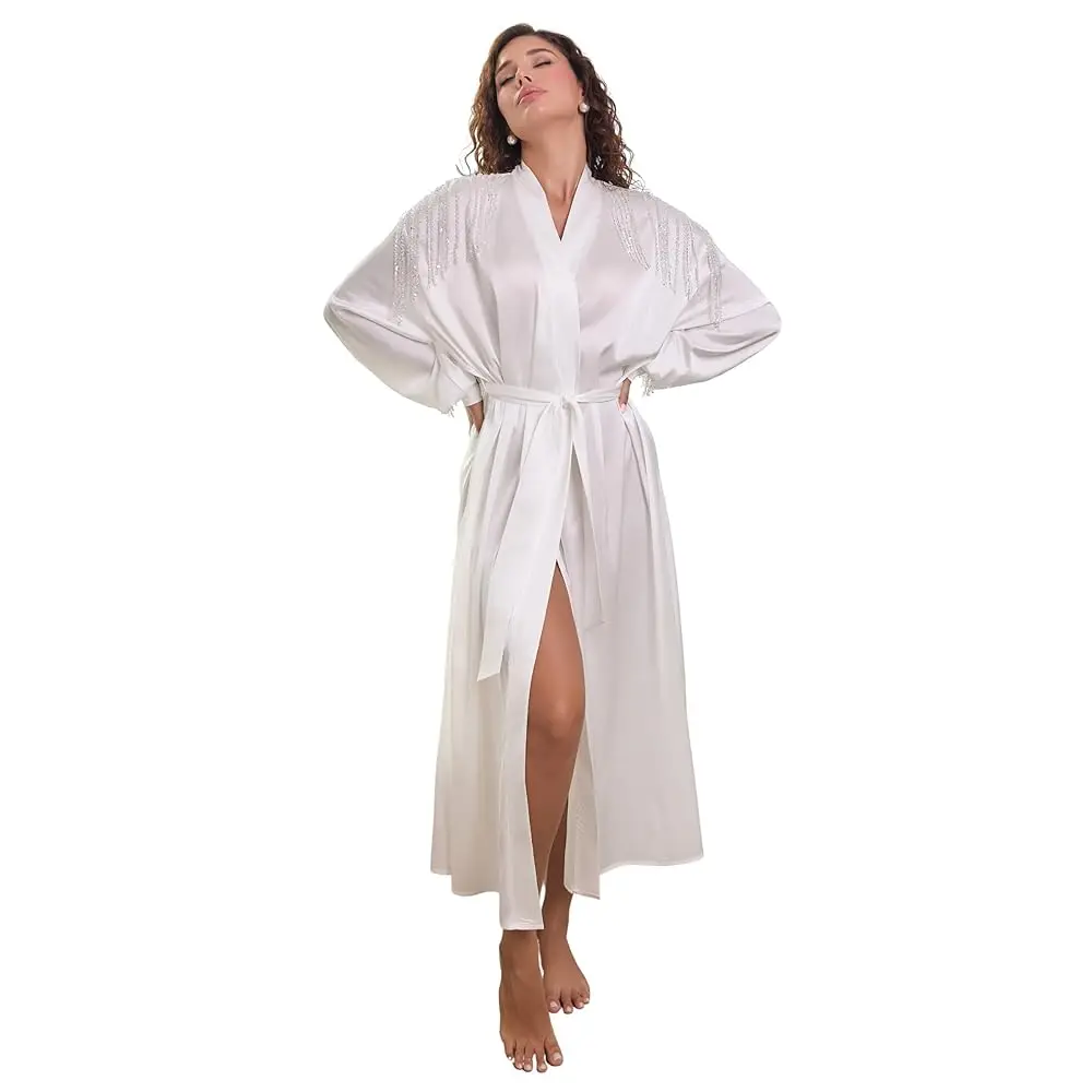 

Silky Satin Robe for Women with Crystal Trim Bridesmaid Bridal Lounge Robe Wedding Day Dressing Gown Sleepwear