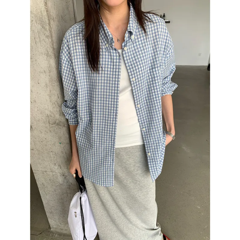 

Vintage 100% Cotton Plaid Shirts Women Spring Turn-down Collar Loose Casual Long Sleeve Korean Tops