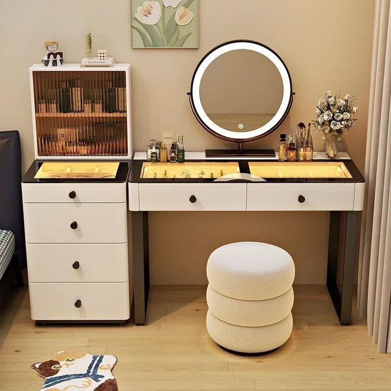 #Wood Bedroom Dressing Makeup Vanities Room Cabinet Glass Top Light Mirror Organizer Storage Drawers Tocador Maquillaje Furnitur