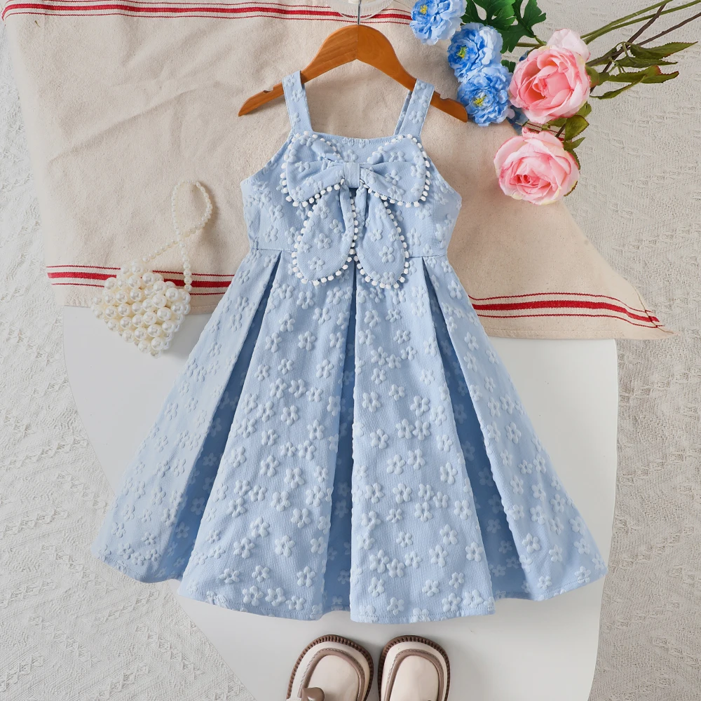 Girls' summer camisole dress with small flower pattern, textured chest, pom pom, big bowknot, princess style