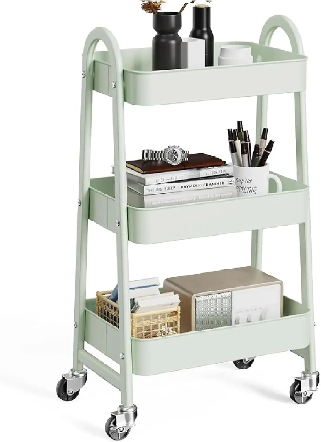 

3-Tier Metal Rolling Cart with Lockable Wheels, Mobile Storage Shelf for Living Room, Bathroom, Narrow Spaces, Pale Green