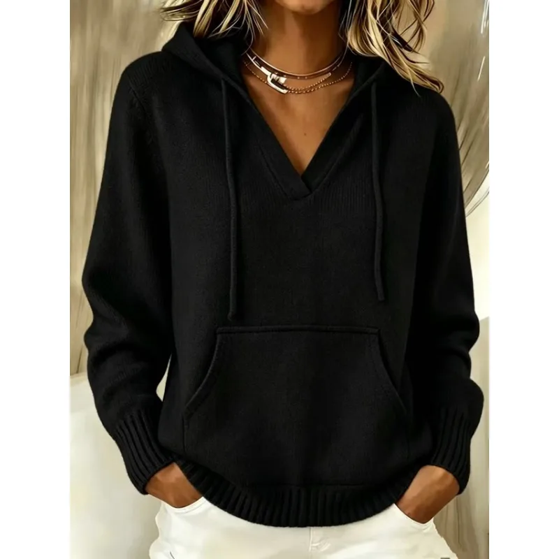 Women Solid Color Knit Hoodie V Neck Drawstring Kangaroo Pocket Long Sleeve Sweater Autumn Winter Casual Fashion Tops