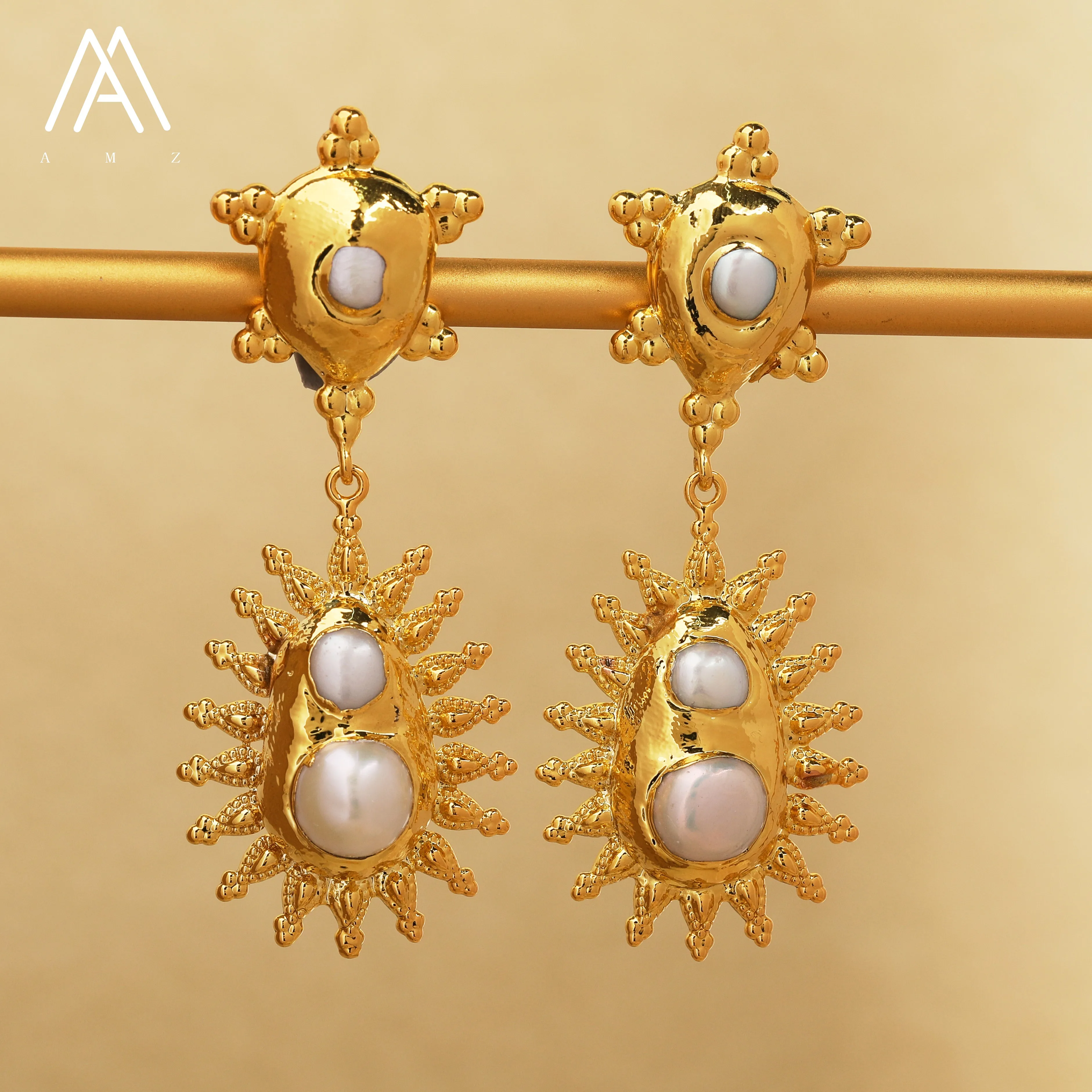 

24 K Yellow Gold Color Plated Natural Pearl Sunshine Stud Earrings Religious Style Party for Women Jewelry