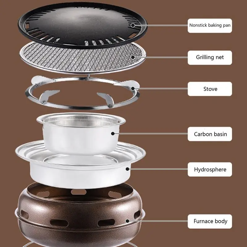 Camping Grill Stove Stainless Steel Korean Charcoal Barbecue Grill Round Charcoal Barbecue Stove Set for Outdoor Cooking