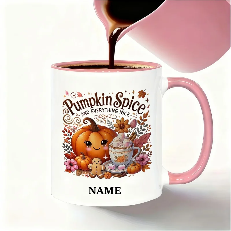 Customizable Name Mug with Pumpkin Spice Autumn Illustration – Perfect Holiday and Birthday Gift Coffee Cup