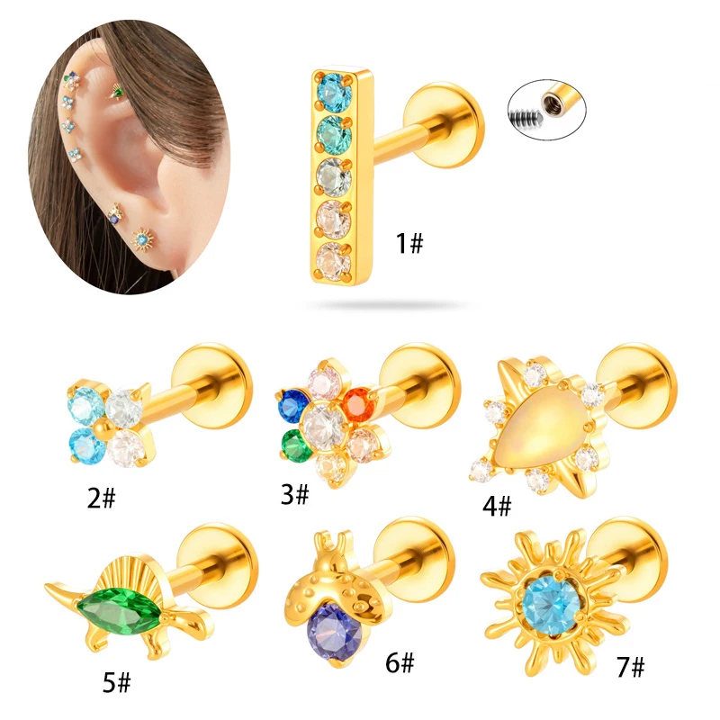 1PC G23 Titanium Four Petal Flower CZ Stud Earring Internally Threaded Flat Back Cartilage Tragus Stud Labret Piercing Jewelry