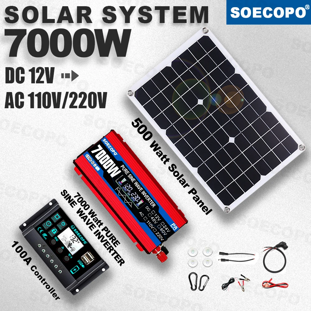 7000W Peak Solar System Kit 500W Panel 100A Controller 12V To 110V 220V Pure Sine Wave Inverter Generator for Camp Home Off Grid
