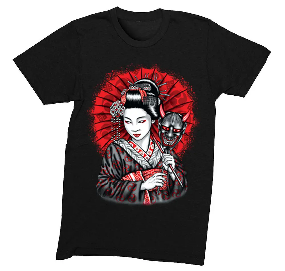 Mens Geisha Oni Mask Yokai Ogre Kuruoshiki Asian Art Culture Crewneck T-Shirt Unisex T-shirts For Men Women