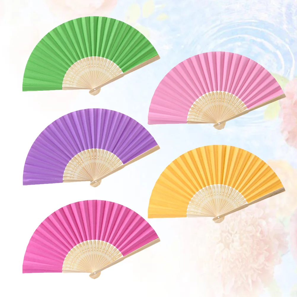 5pcs Handmade Paper Folding Fans Bamboo Hand Held Fan Gift Party Favors DIY Decor for Kids (Green, Purple, Pink, Rosy, Yellow)